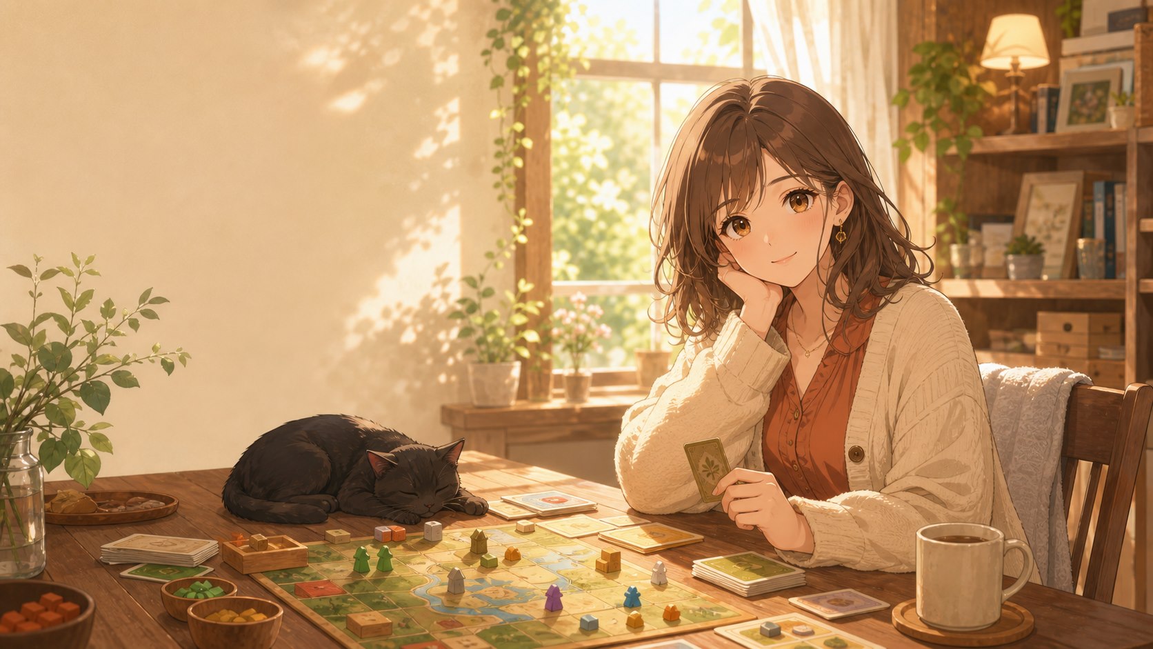 阳光房间里，一位女孩和熟睡的小猫守在摆满桌游组件的木桌旁